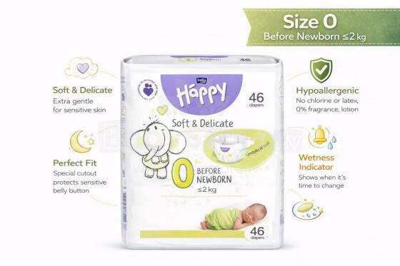 Happy Before Newborn Art.93869 Baby diapers size 0 up to 2 kg, 46 pcs.