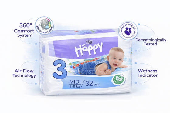 Happy Midi Детские подгузники 3 размер от 5-9 кг,32 шт.