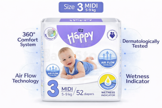 Happy Midi Baby Diapers size 3 from 5-9 kg,52 pcs.