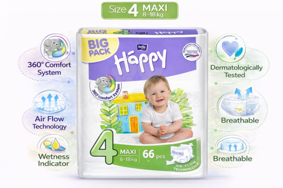 Happy Maxi Big Pack Детские подгузники 4 размер от 8-18 кг,66 шт.
