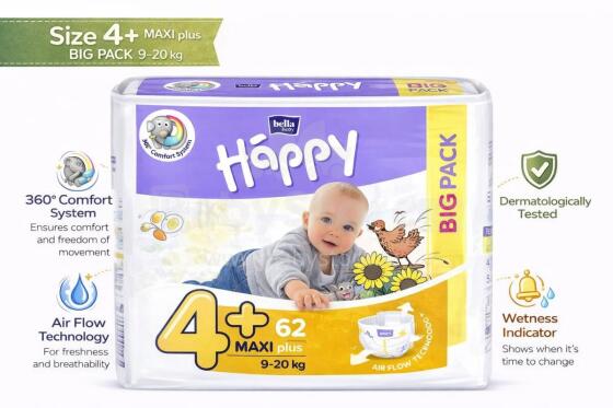 Happy Maxi Plus Big Pack Baby diapers 4+ size from 9-20 kg, 62 pcs.