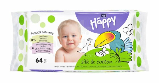 „Happy Silk & Cotton Art.93894“ drėgnos servetėlės šilko ir medvilnės 64vnt.