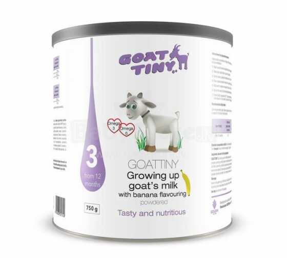 „Goattiny“ menas. 314321740 dirbtinis ožkų pieno mišinys su bananų skoniu 12+ mėnesių kūdikiams, 750 g