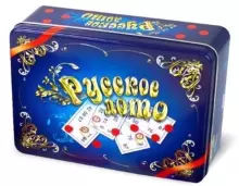 Russian Bingo Game Art.105461 Galda spēle krievu loto metāla kastē «Zilais lāde» ar koka mucām
