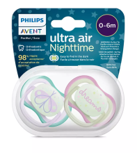 „Philips Avent Ultra Air Night Art“. SCF376 / 19 silikoniniai čiulptukai nuo 0 iki 6 mėnesių be BPA (2 vnt.)