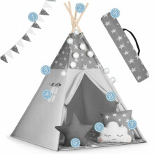 Teepee telts bērniem ar vītni un apgaismojumu Nukido - pelēka ar zvaigznēm