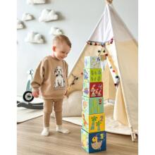 TOOKY TOY Wooden Blocks Educational Puzzle + 6 Play Figures 12 pcs.