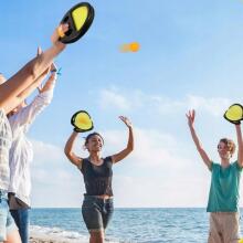 WOOPIE Catch Ball prasmes spēle Met un Noķer komplekts diviem 2x lāpstiņām + 4 bumbām