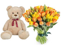 Fresh La Petit Fluer Art. LPT-TR51 Fresh Red Tulips Bouquet – 21 pcs (delivery next day to Pērnavas 5) with Bear 100cm