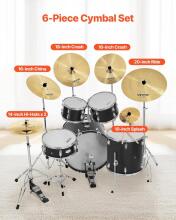 Vevor 6 Piece Cymbal Set Drumsticks Art.287554 алюминиевые тарелки, ударная установка, включающая хай-хэт 355 мм, крэш 400 и 455 мм, райд 505 мм, сплэш 254 мм