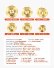 Vevor 6 Piece Cymbal Set Drumsticks Art.287554 алюминиевые тарелки, ударная установка, включающая хай-хэт 355 мм, крэш 400 и 455 мм, райд 505 мм, сплэш 254 мм