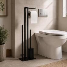 Vannas istabas tualetes papīra statīvs ar rokturi un WC birsti melnā krāsā ModernHome
