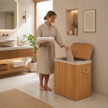 Бамбуковая корзина для белья 150л с 3 отделениями и крышкой, ModernHome