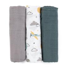 PETITE&MARS 415361 Set of Bamboo Muslin Diapers 3 pcs 68x68 cm Grey Planes
