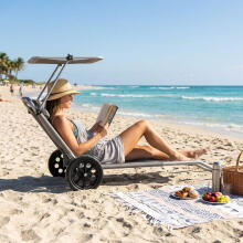 Foldable beach lounger on wheels, trolley, adjustable backrest, canopy, grey, MultiGarden