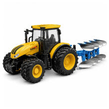 Lauksaimniecības traktors ar daudzrindu pļaujmašīnu, gaismas, skaņas, dzeltenā krāsā, 1:24