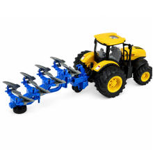 Lauksaimniecības traktors ar daudzrindu pļaujmašīnu, gaismas, skaņas, dzeltenā krāsā, 1:24