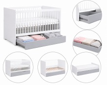 Klups Dalia Set Art.299159 White/Grey Bērnu koka gulta  ar atvilkni  120x60cm+matracis ar kokosšķiedru 120x60x8cm+kumode