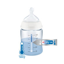 Nuk First Choice Art.SK53 Pudele ar temperatūras kontroli, ar lateksa knupi,150ml, (0-6 mēn.) M izmēra knupīti (piena maisījumam)