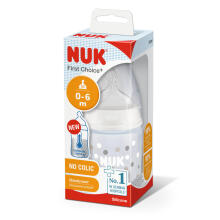 Nuk First Choice  Art.SK53 Pudele ar temperatūras kontroli, ar silikona knupi,150ml, (0-6 mēn.) M izmēra knupīti (piena maisījumam)